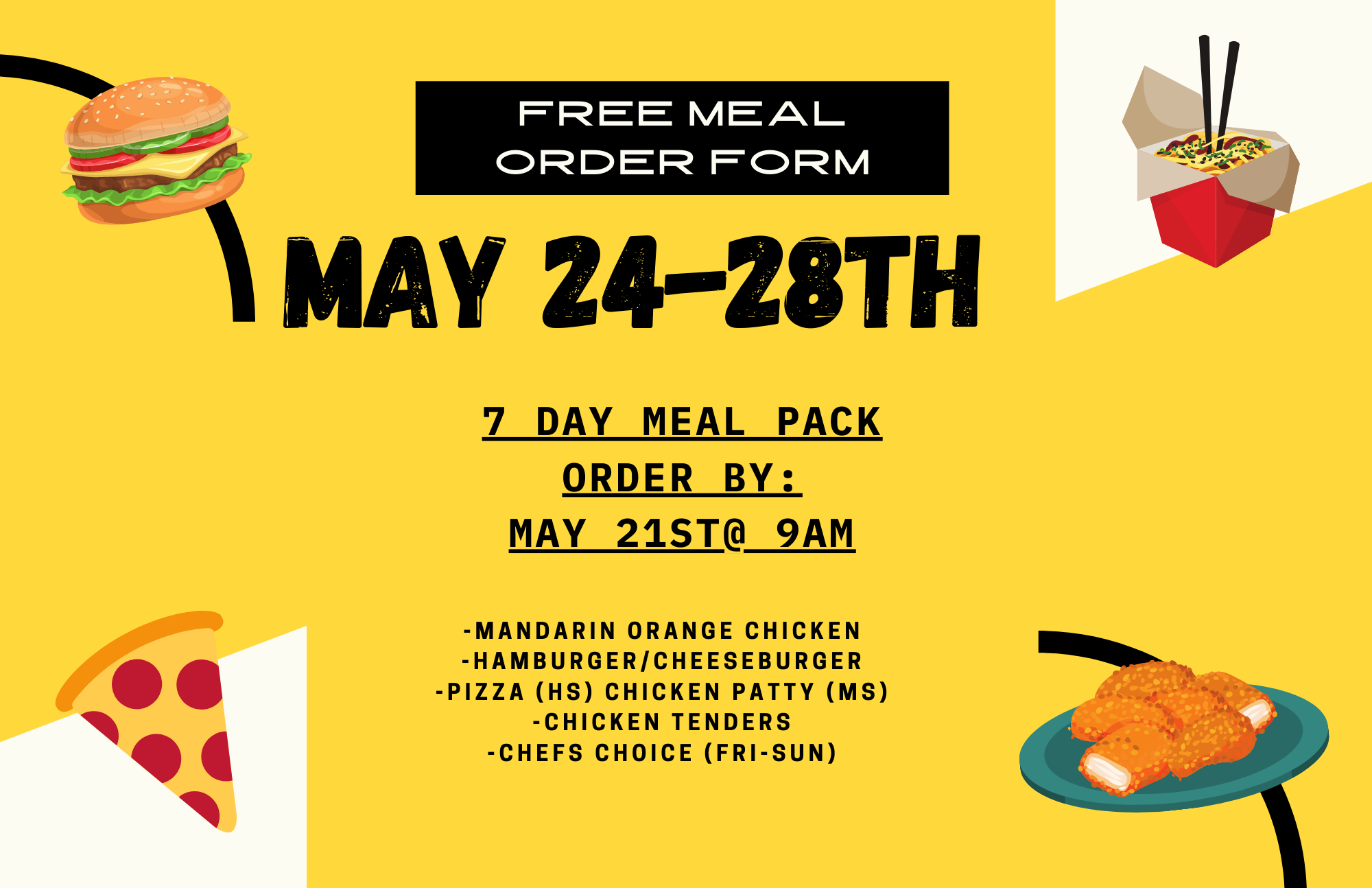 Free Meals – Order by 9 am, 5/21/2021