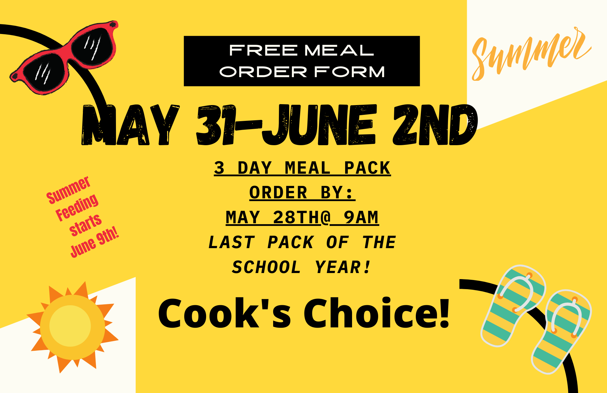 Free Meals – Order by 9 am, 5/28/2021