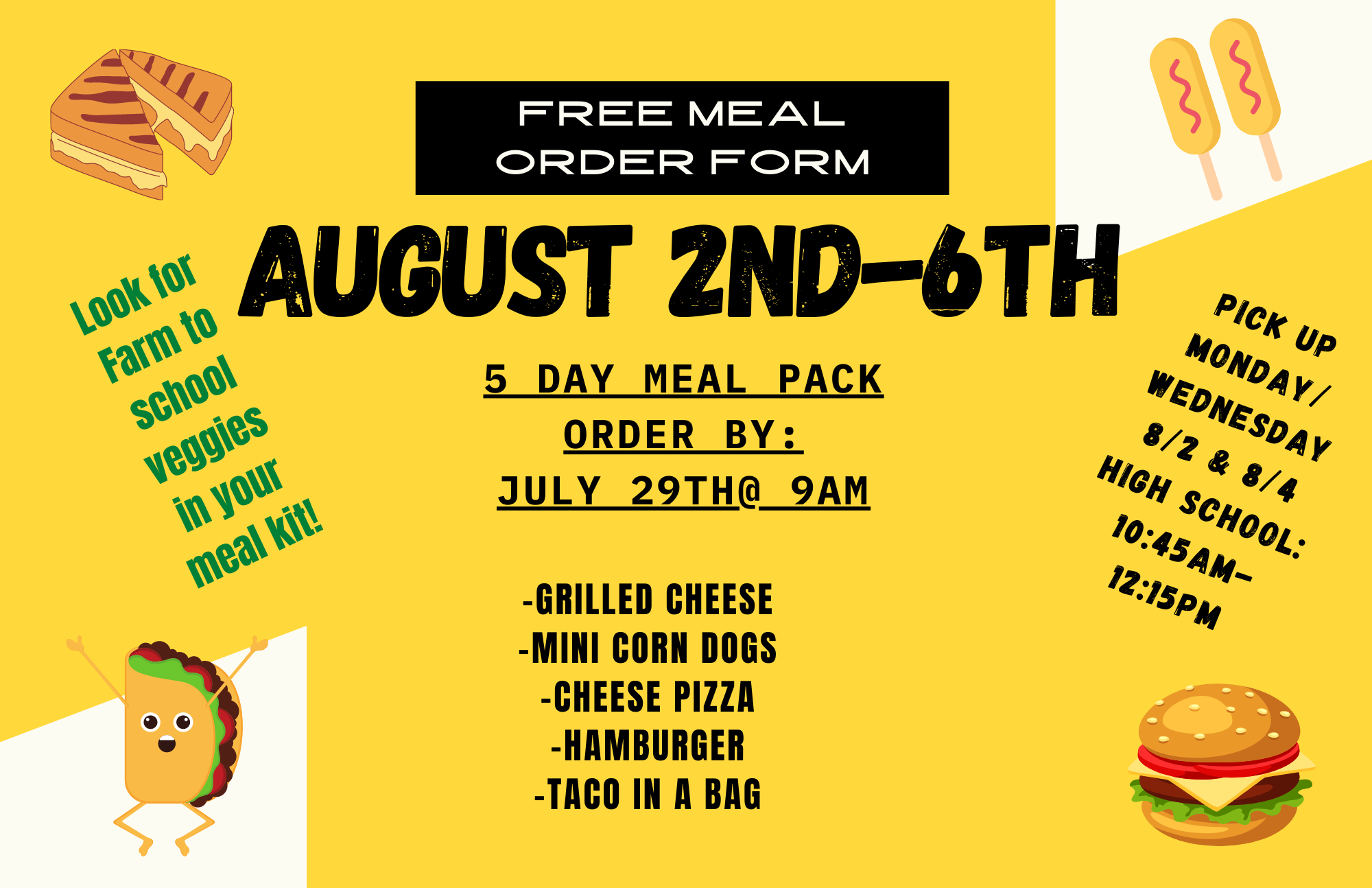 Free Meals – Order by 9 am, 7/29/2021