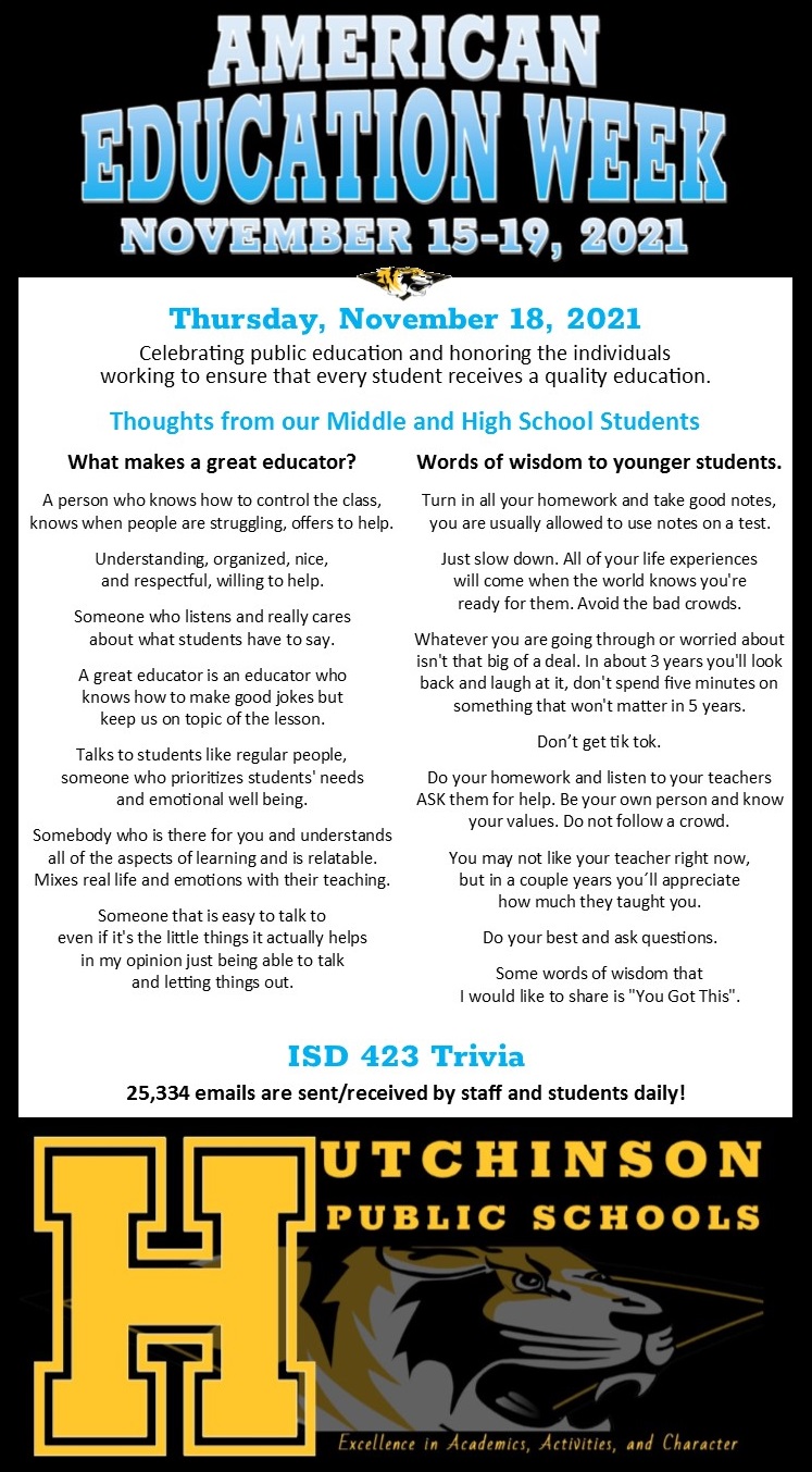Celebrating American Education Week 11/18/21 Hutchinson Public Schools