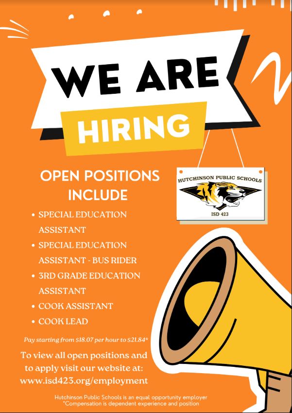 We are hiring at hutchinson schools for special education assistant and bus rider, 3rd grade education assistant, cook lead and cook assistant
