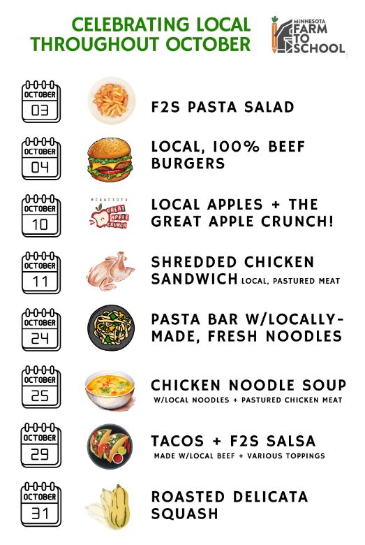 Menu for Oct from local foods. 