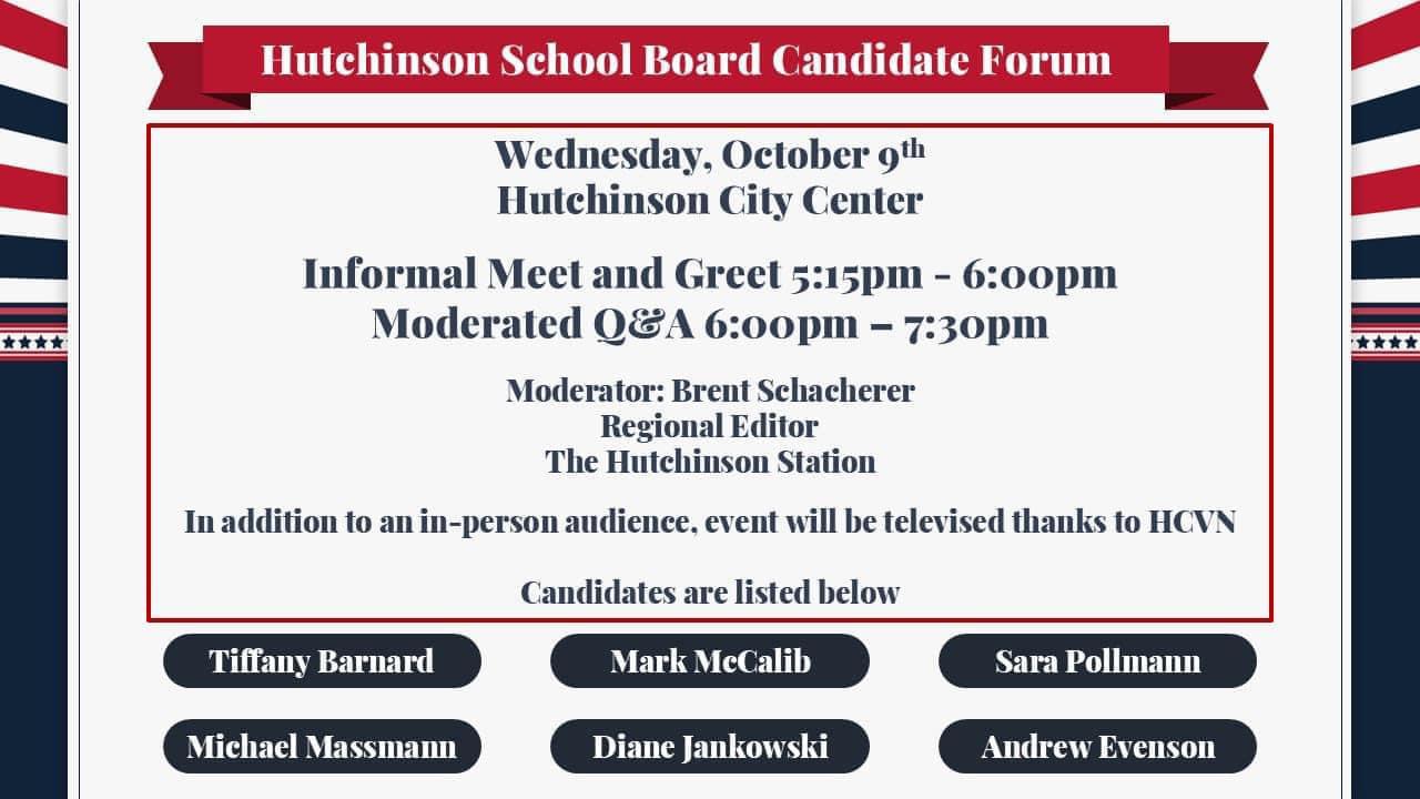 School board candidate informal meet and greet Oct 9th at 5:15 pm at Hutch city center
